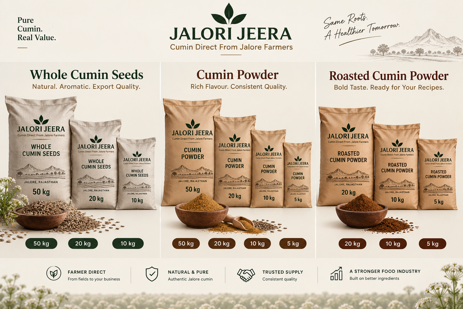JALORI JEERA product catalog — Whole Cumin Seeds, Cumin Powder and Roasted Cumin Powder in 50 kg, 20 kg, 10 kg and 5 kg packs
